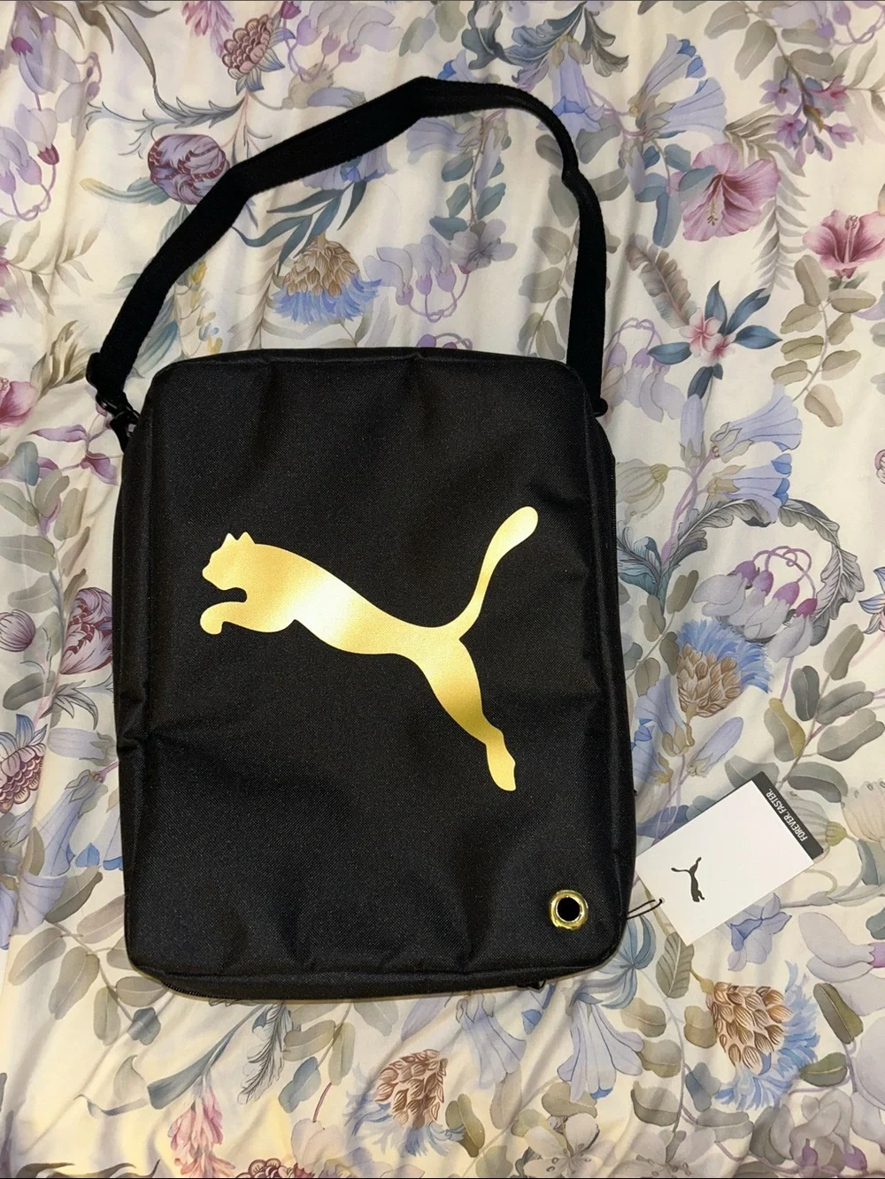 Puma Prowl Black Shoulder Shoe Bag with Gold Logo with Ventilation.